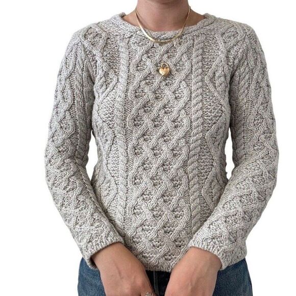 Aran Sweater Market Womens Light Gray Irish Fisherman Chunky 100% Wool Sweater S - Picture 1 of 7